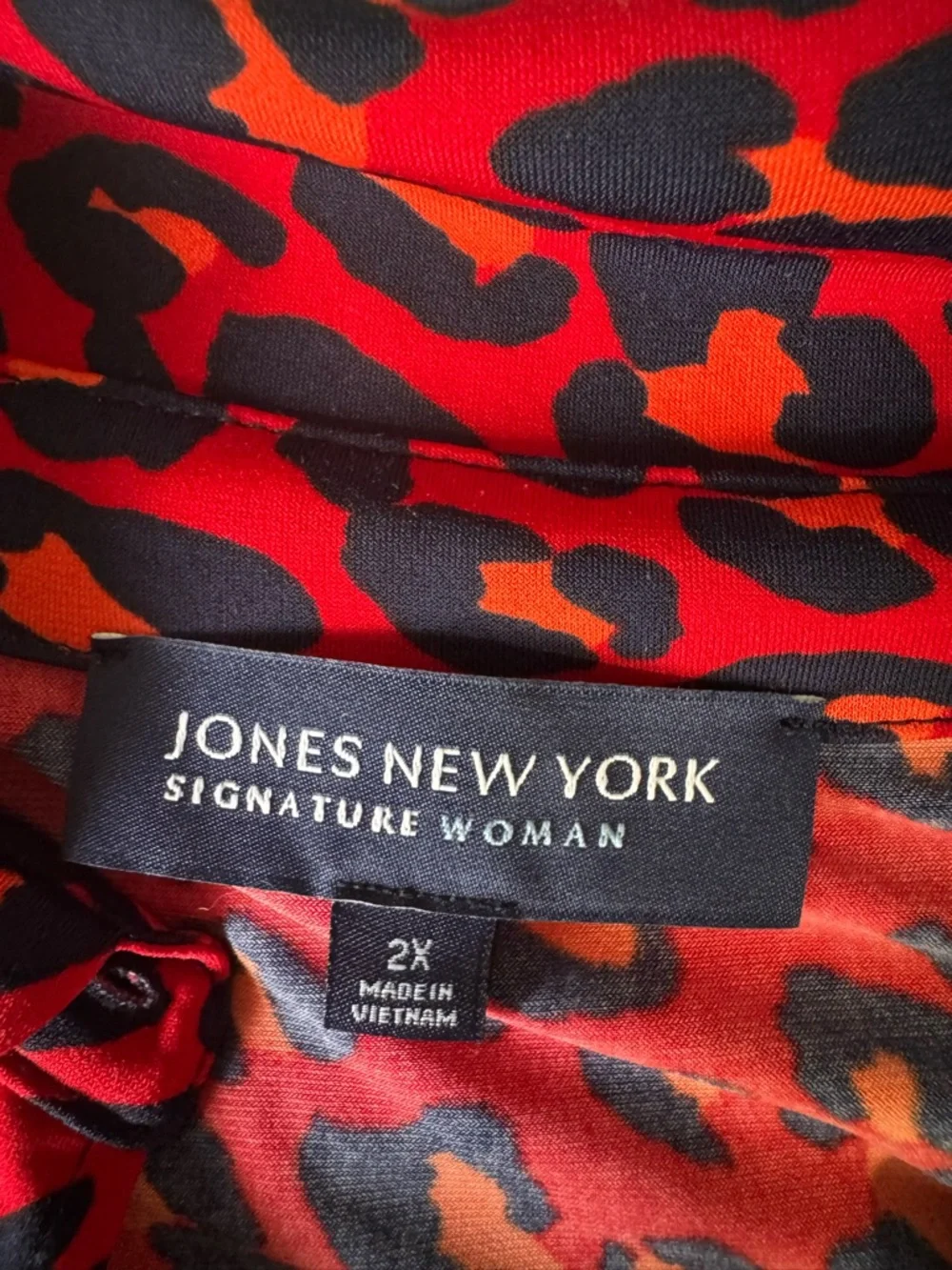 Women's Jones New York Red Leopard Print Blouse with Navy and Orange Spots - Picture 6 of 8